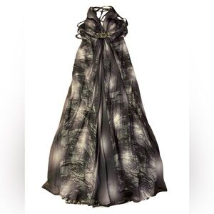 VTG Caché Beaded Halter Maxi Dress Grey Abstract Watercolor Gown Size 6